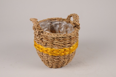 Cache-pot panier en jonc naturel et jaune D17cm H15cm