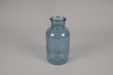 Vase bouteille en verre bleu D10cm H20cm