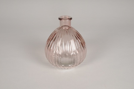 Vase bouteille en verre strié rose D13cm H15cm
