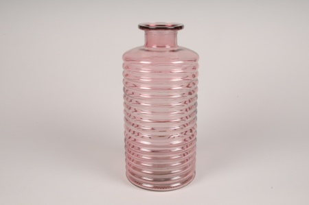 Vase bouteille en verre strié rose D14cm H30.5cm