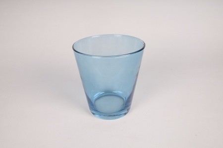 Vase en verre conique bleu D15cm H16cm