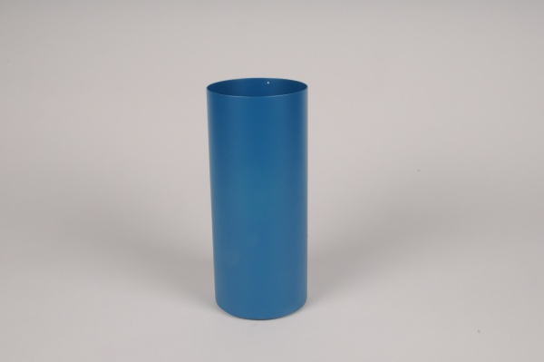 Vase cylindre en mtal bleu D9.5cm H22cm