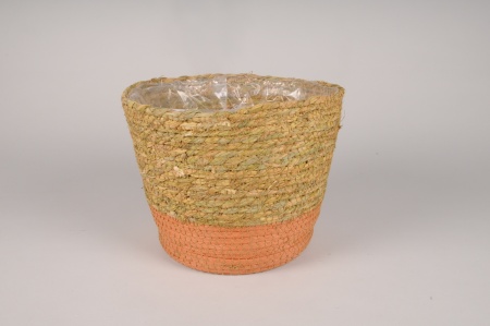 Cache-pot en jonc naturel et orange D30cm H25cm