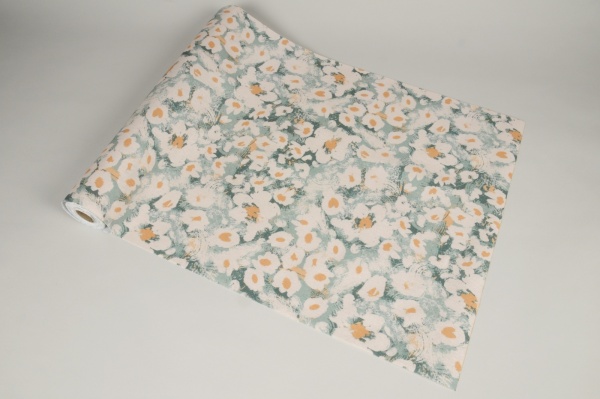 Tissu vert et crme motif fleur 48cm x 5m