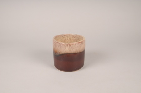 Cache-pot en céramique émaillée beige et marron D13.5cm H12.5cm