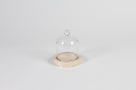 Cloche en verre avec plateau bois D10cm H12.5cm