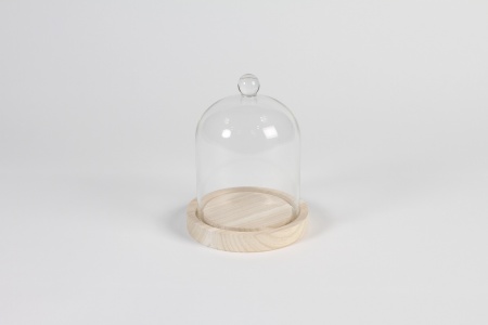 Cloche en verre avec plateau bois D12cm H15cm