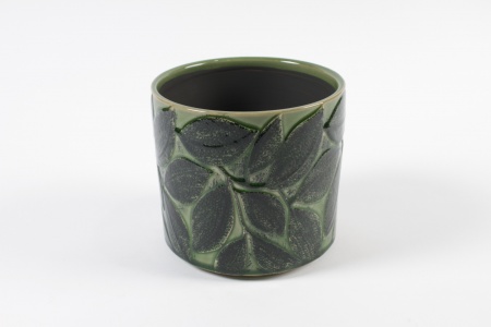 Cache-pot en céramique feuille verte D12cm H10.5cm