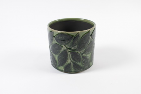 Cache-pot en céramique feuille verte D14cm H12.5cm