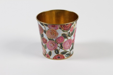 Cache-pot en zinc blanc avec roses D13,5cm H12cm