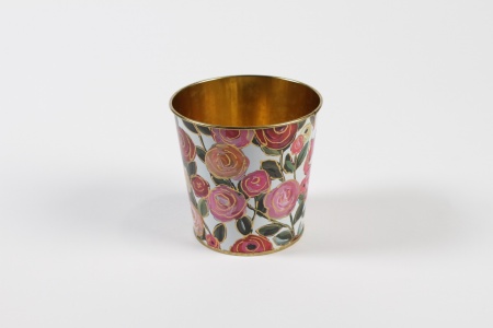 Cache-pot en zinc blanc avec roses D9,8cm H8,5cm