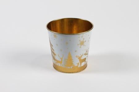 Cache-pot en zinc blanc or Noël D11,4cm H10,6cm