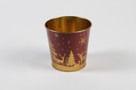 Cache-pot en zinc bordeaux or Noël D11,4cm H10,6cm