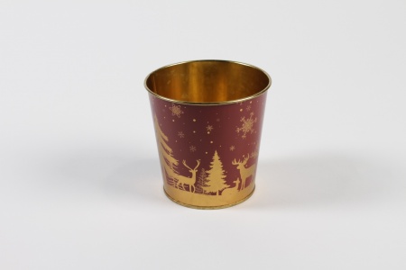 Cache-pot en zinc bordeaux or Noël D9,8cm H8,5cm