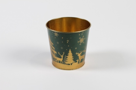 Cache-pot en zinc vert or Noël D11,4cm H10,6cm