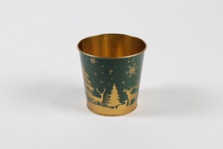 Cache-pot en zinc vert or Noël D9,8cm H8,5cm