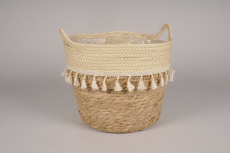 Cache-pot panier en jonc crème D28cm H24cm