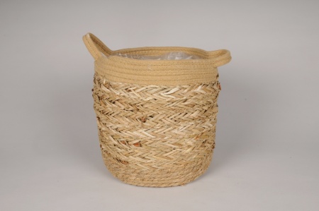 Cache-pot panier en jonc naturel D32cm H34cm