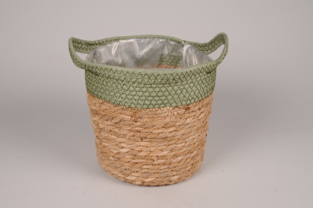 Cache-pot panier en jonc naturel et vert D28cm H26cm