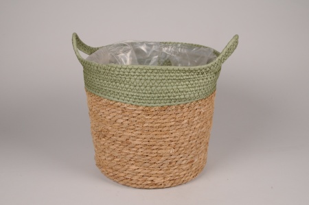 Cache-pot panier en jonc naturel et vert D32cm H29cm