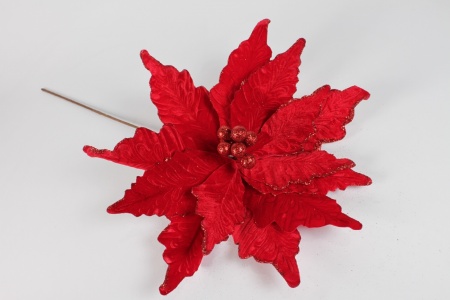 Poinsettia artificiel en velours rouge pailletté D45cm H66cm