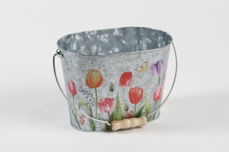 Seau ovale en zinc tulipe 20x13cm H14,5cm